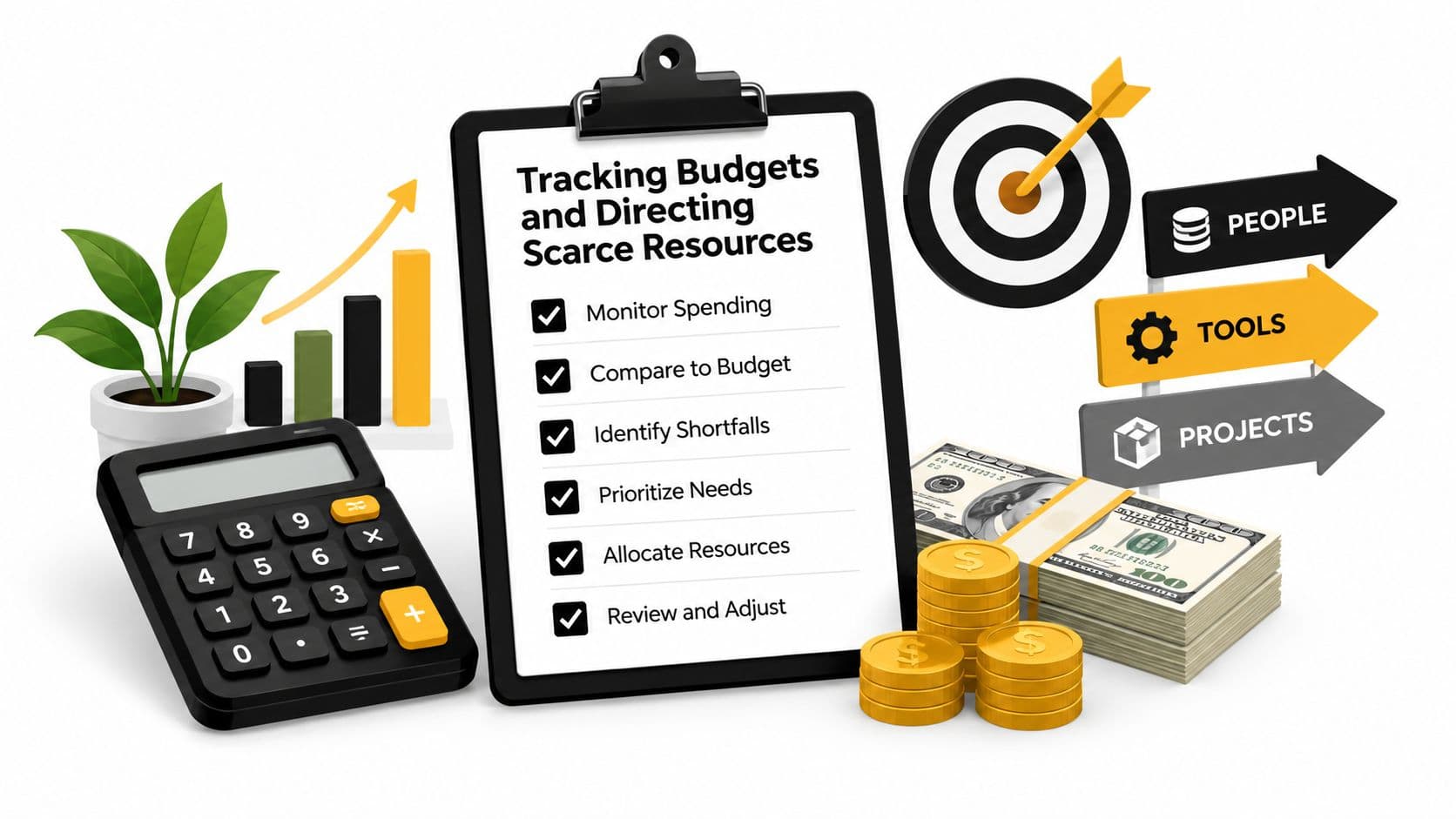 A clipboard with a checklist for tracking budgets alongside a calculator, stack of money, and resource icons.