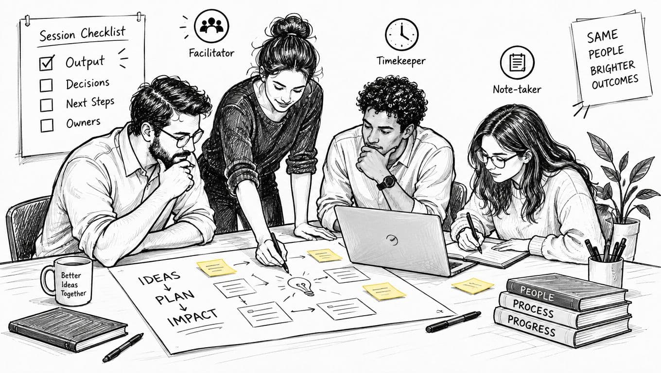 A diverse group of professionals collaborating in a creative team meeting, brainstorming ideas with notes and planning.