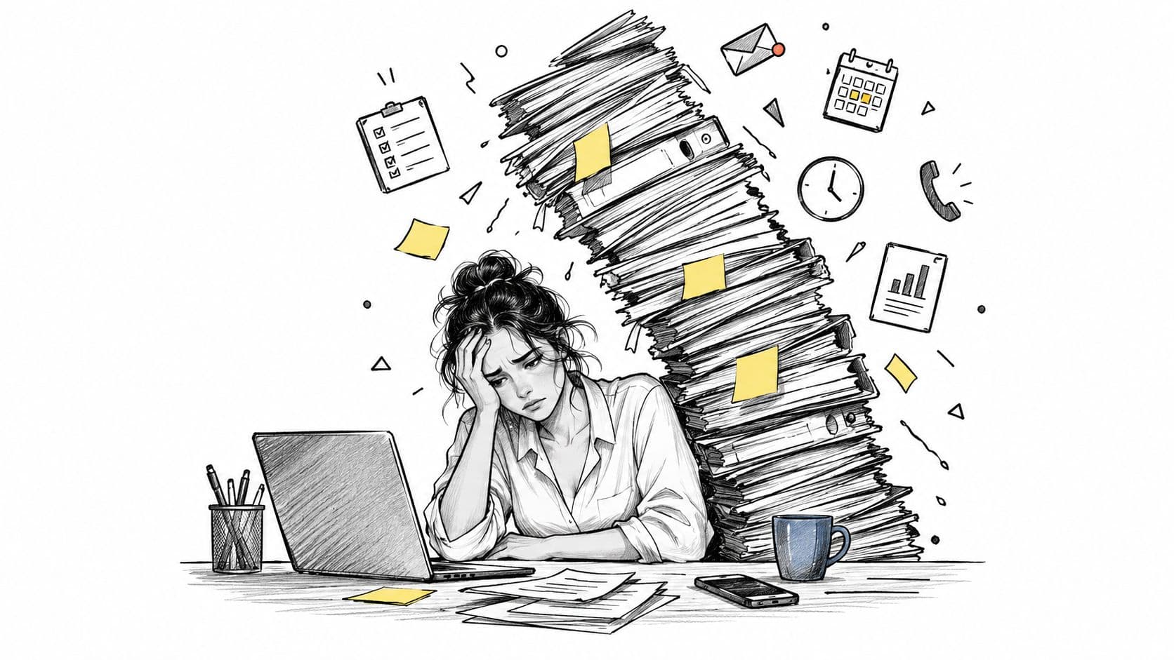 A stressed woman sitting at her desk with a massive, overflowing stack of paperwork behind her.