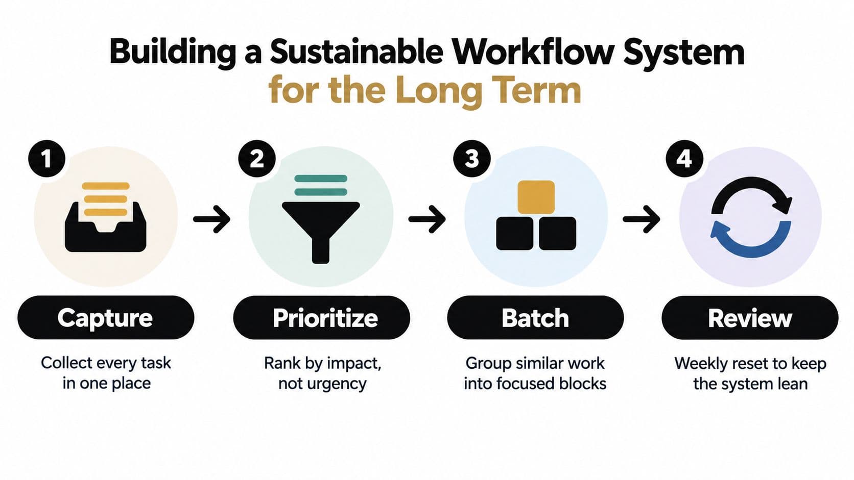 A four-step infographic illustrating a sustainable workflow system with stages: capture, prioritize, batch, and review.