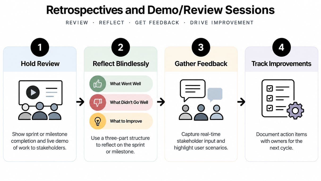 A four-step infographic illustrating the process of conducting team retrospective and demo review sessions in business.